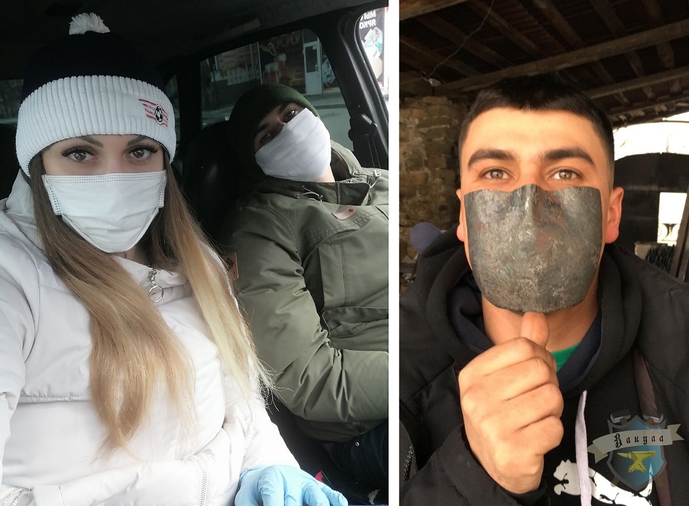 Слева Назар со своей женой Анжеликой. На улицу Назар берет с собой не железную маску, а обычную, одноразовую.